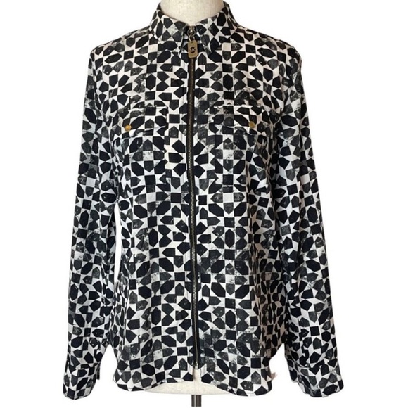 MICHAEL Michael Kors Black & White Geometric Print Long Sleeve Full Zip Top L - Picture 1 of 4
